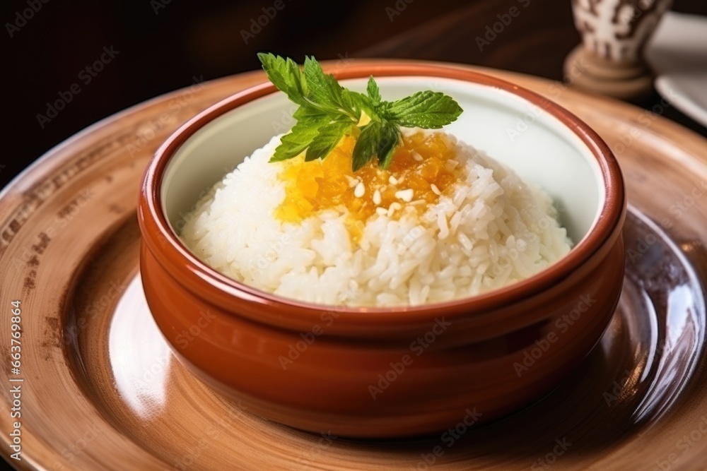 rice dish with garnish, served in a white ceramic dish rice dish with garnish, served in a white ceramic dish