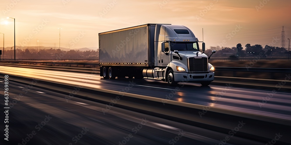 Sunset view. Long trucking on open road. Freight transportation at dusk. Semi truck on highway. Truckers at sunrise. Cargo shipping on interstate Sunset view. Long trucking on open road. Freight transportation at dusk. Semi truck on highway. Truckers at sunrise. Cargo shipping on interstate