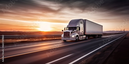 Sunset view. Long trucking on open road. Freight transportation at dusk. Semi truck on highway. Truckers at sunrise. Cargo shipping on interstate © Thares2020