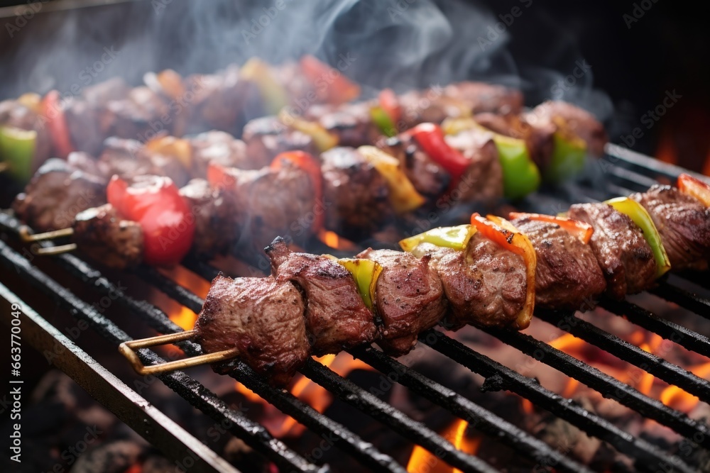 turkish kebabs on a grill with smoke