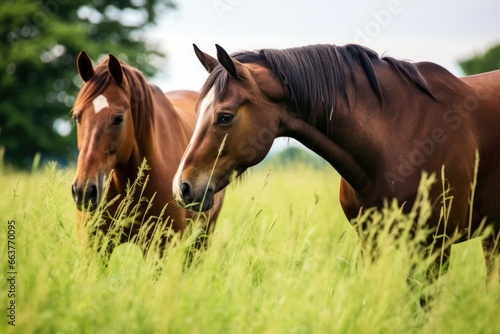 a pair of horses grazing together in a field