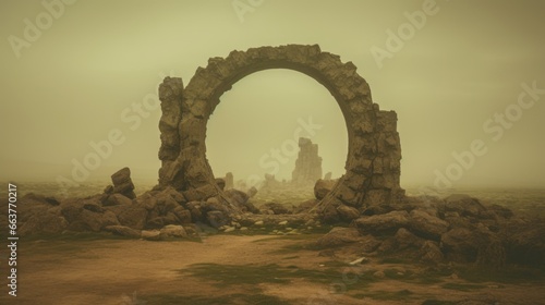 Fotografia Ancient round stone portal gateway, monolithic ruins structure undiscovered for millennia, situated in remote desert landscape, fantasy dimensional rift going to unknown worlds