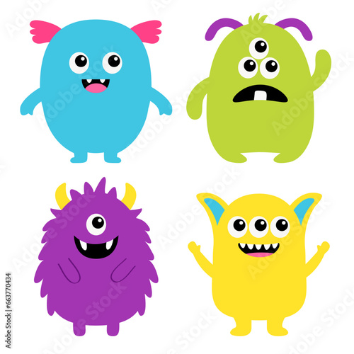 Monster colorful silhouette icon set. Happy Halloween. Eyes, tongue, tooth fang, hands up. Cute cartoon kawaii scary funny baby character. White background. Isolated. Flat design.