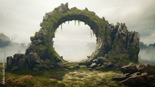 Fotografia Ancient round stone portal gateway, monolithic ruins structure undiscovered for millennia, situated in remote misty mountains, fantasy dimensional rift going to unknown worlds