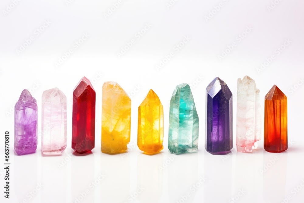 a line of healing crystals on a white background a line of healing crystals on a white background