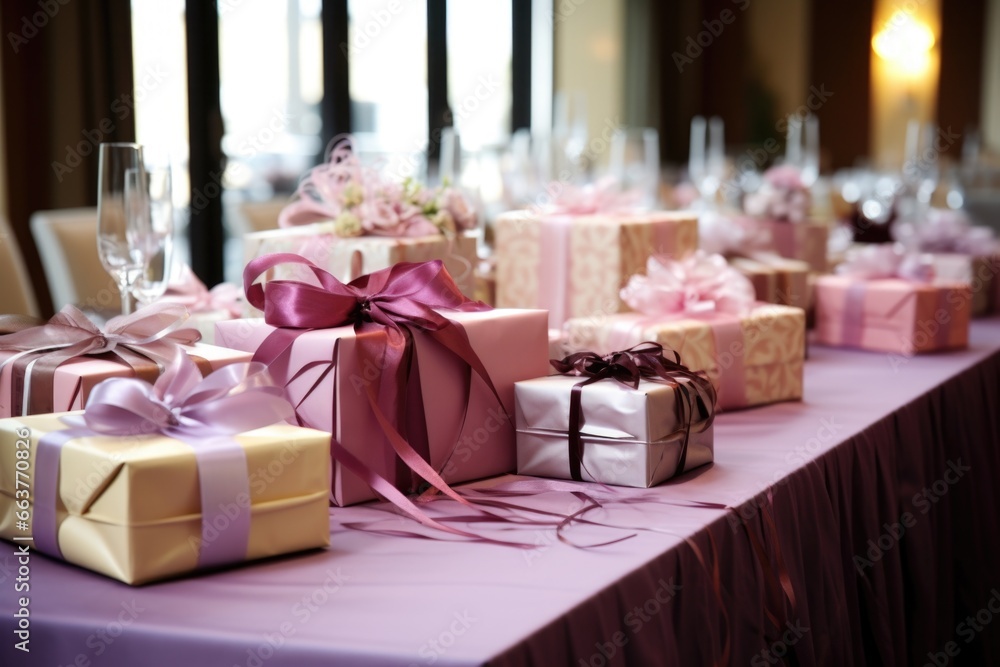 a gift table adorned with presents at a wedding reception - obrazy, fototapety, plakaty 