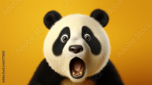 Shocked Panda with Oversized Peepers Standing Alone on Bright Yellow Background