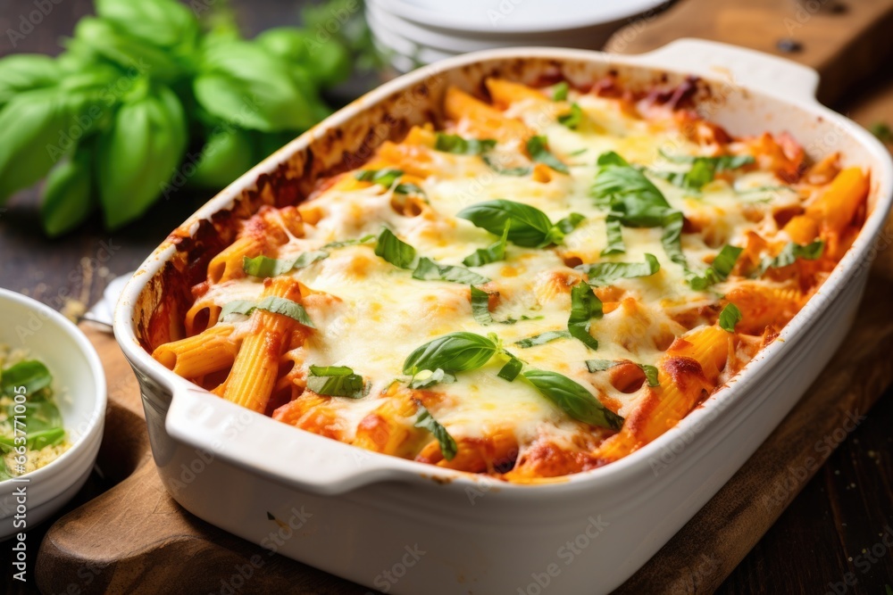 a casserole dish with baked pasta and cheese