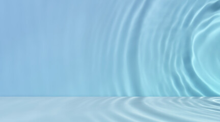 Studio blue Background display,Water texture surface reflection on wall,Backdrop transparent clear water ripple,splashes wave effect on podium floor,Banner for cosmetic beauty,spa