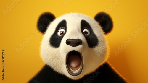 Shocked panda with big eyes isolated on yellow photo