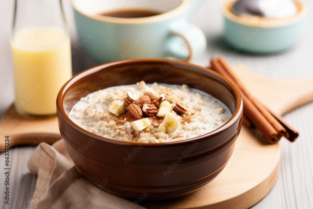 a steaming bowl of oatmeal with sliced banana atop a steaming bowl of oatmeal with sliced banana atop