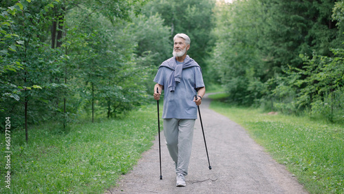 One sporty elder man with trekking sticks walk in green forest nature park. Old beard grandfather workout hiking stroll. Handsome senior person hold nordic poles. Confident grandpa male fit training. © sibway