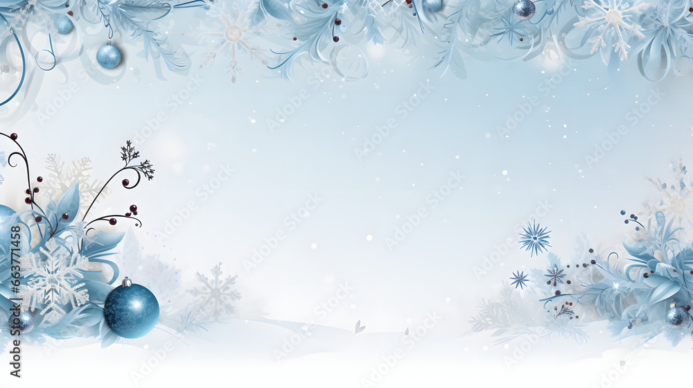 Blue and white Christmas banner or card with ornaments framing blank center space Blue and white Christmas banner or card with ornaments framing blank center space