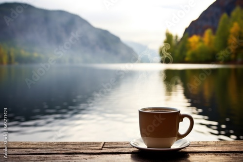 steaming mug of coffee by a mountain lake