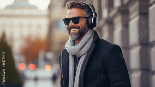 Caucasian man wearing headphones listening to music at city. AI