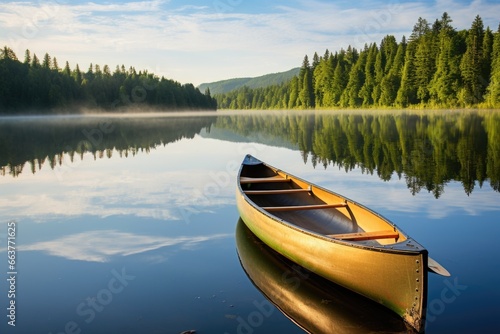 a canoe parked by a serene lake