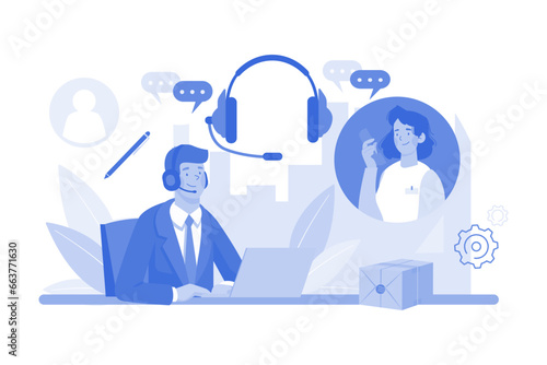 Businessman Wearing Headset Talking to a caller in Customer Services Center