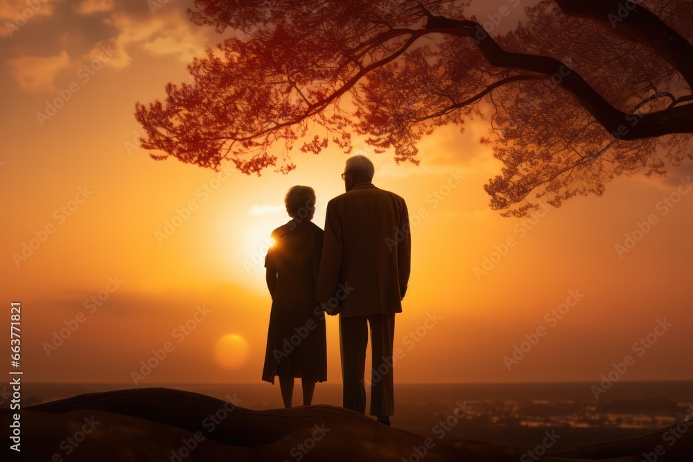 silhouette of senior couple looking at sunset in autumn Stock Photo ...