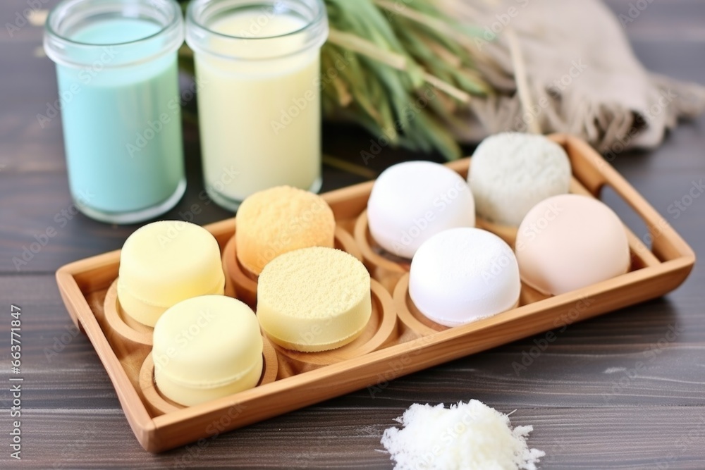 homemade shampoo bars on a wooden tray with other hair care products homemade shampoo bars on a wooden tray with other hair care products