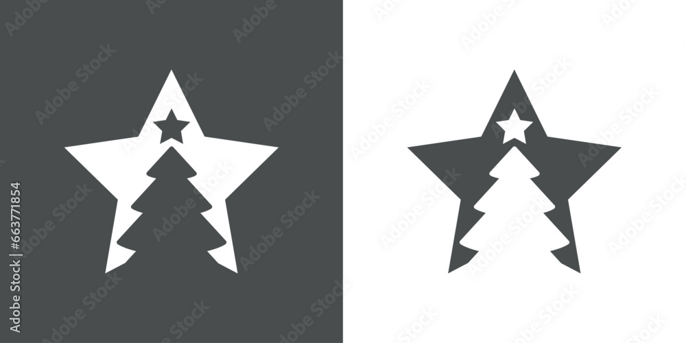 Tiempo de Navidad. Logo con estrella con silueta de árbol de navidad tipo pino o abeto en espacio negativo para su uso en invitaciones y felicitaciones Tiempo de Navidad. Logo con estrella con silueta de árbol de navidad tipo pino o abeto en espacio negativo para su uso en invitaciones y felicitaciones