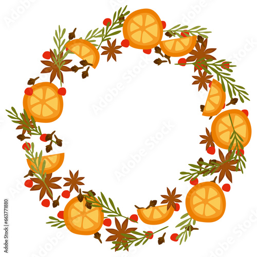 Watercolor mulled wine wreath. Spices and oranges. Vector Flat cartoon illustration isolated on white. Anise star, Orange, Clove, Green branches and Red berries. Color template, Christmas decoration.
