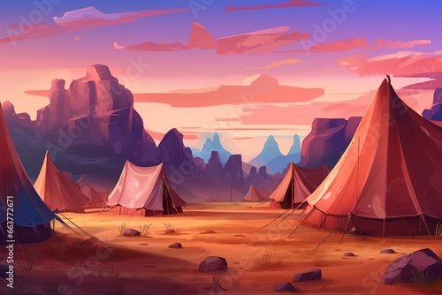 Tents in landscape  illustrated background. Generative AI