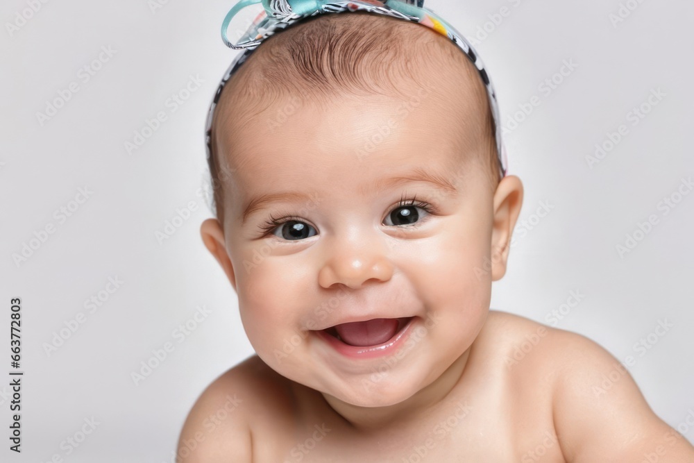 Beautiful sweetheart happy cute smiling baby on light background. Generative AI Beautiful sweetheart happy cute smiling baby on light background. Generative AI