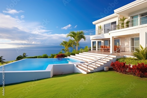 luxury villa with a landscaped yard and sea view