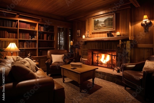 cozy fireplace in a wood-panelled den