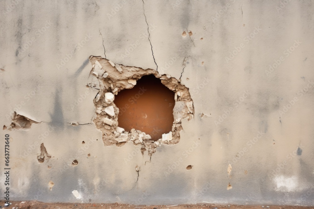 a wall with a large hole in need of repair - obrazy, fototapety, plakaty 