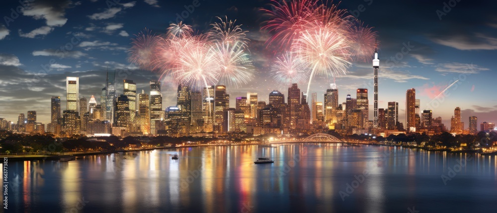 a city skyline brilliantly illuminated by a myriad of fireworks explosions