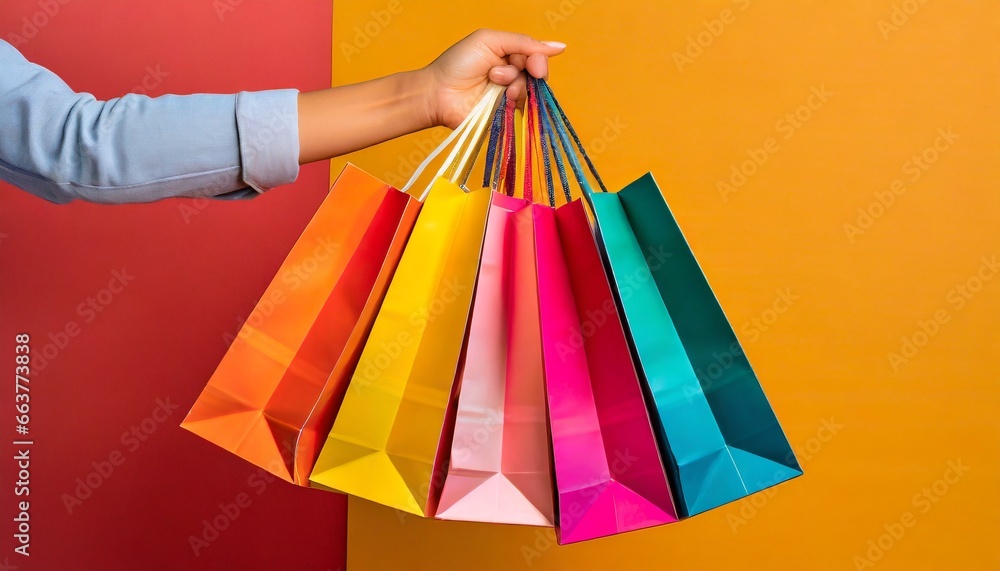 A hand clutching a variety of brightly colored shopping bags, emphasizing the concept of shopping and retail.