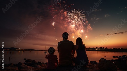 a heartwarming silhouette of a family watching fireworks  with children on their parents shoulders