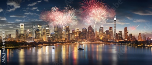 a city skyline brilliantly illuminated by a myriad of fireworks explosions