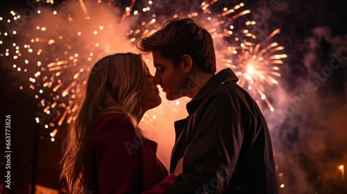 a touching moment of a couple sharing a New Year's kiss as fireworks burst overhead