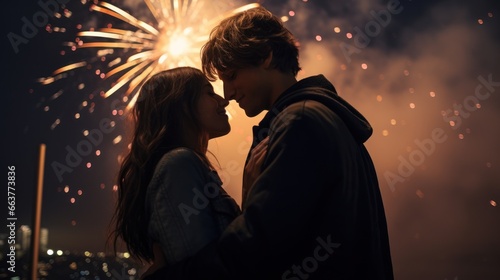 a touching moment of a couple sharing a New Year's kiss as fireworks burst overhead