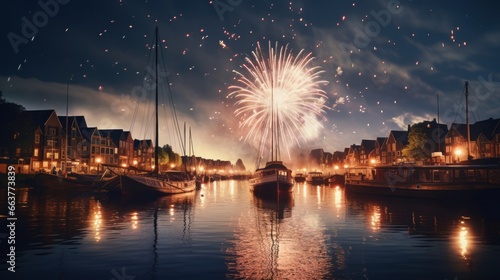 the reflective shimmer of fireworks on a serene city river with boats floating gently