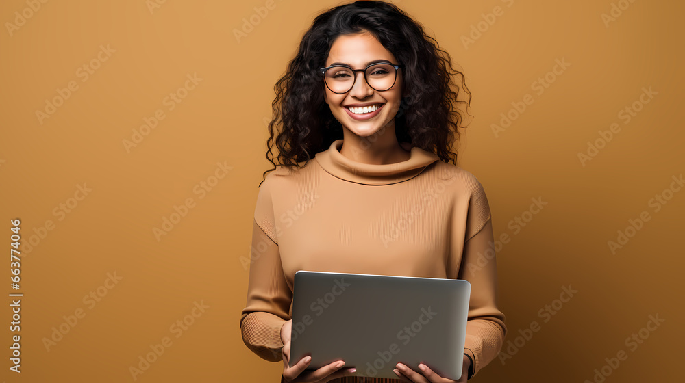 a smiling woman using a laptop computer, basic background a smiling woman using a laptop computer, basic background