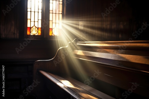 light from a stained glass window shining on a pew photo