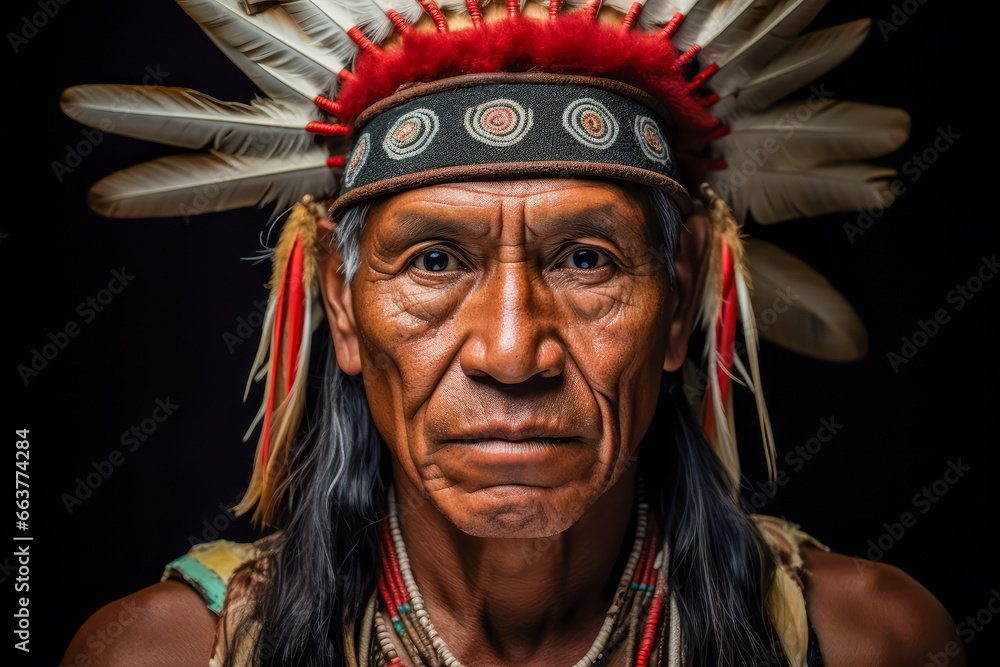 Senior Amerindian Wearing Traditional Clothing And Headwear. Native Indigenous American Indian Man Portrait. Ai Generated
