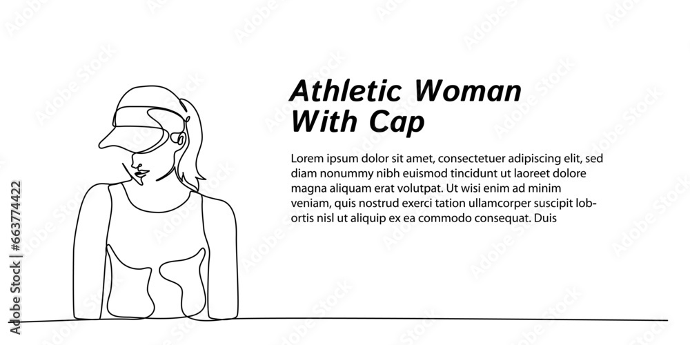 Continuous line art.Athletic woman with cap . Hand drawn minimalist design for web banners, landing pages, simple for business and beauty salon purposes. Editable stroke Continuous line art.Athletic woman with cap . Hand drawn minimalist design for web banners, landing pages, simple for business and beauty salon purposes. Editable stroke
