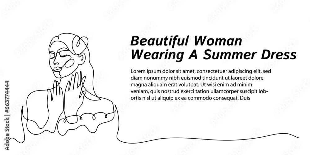 Fototapeta premium Continuous line art.Beautiful women wearinng summer dress, Hand drawn minimalist design for web banners, landing pages, simple for business and beauty salon purposes. Editable stroke