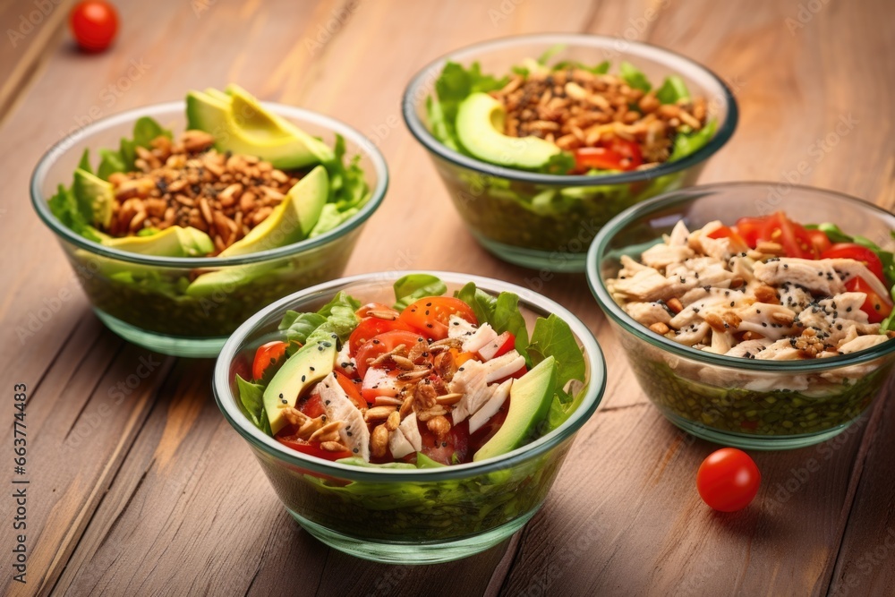 freshly-prepared salads with chicken, avocado and seeds freshly-prepared salads with chicken, avocado and seeds