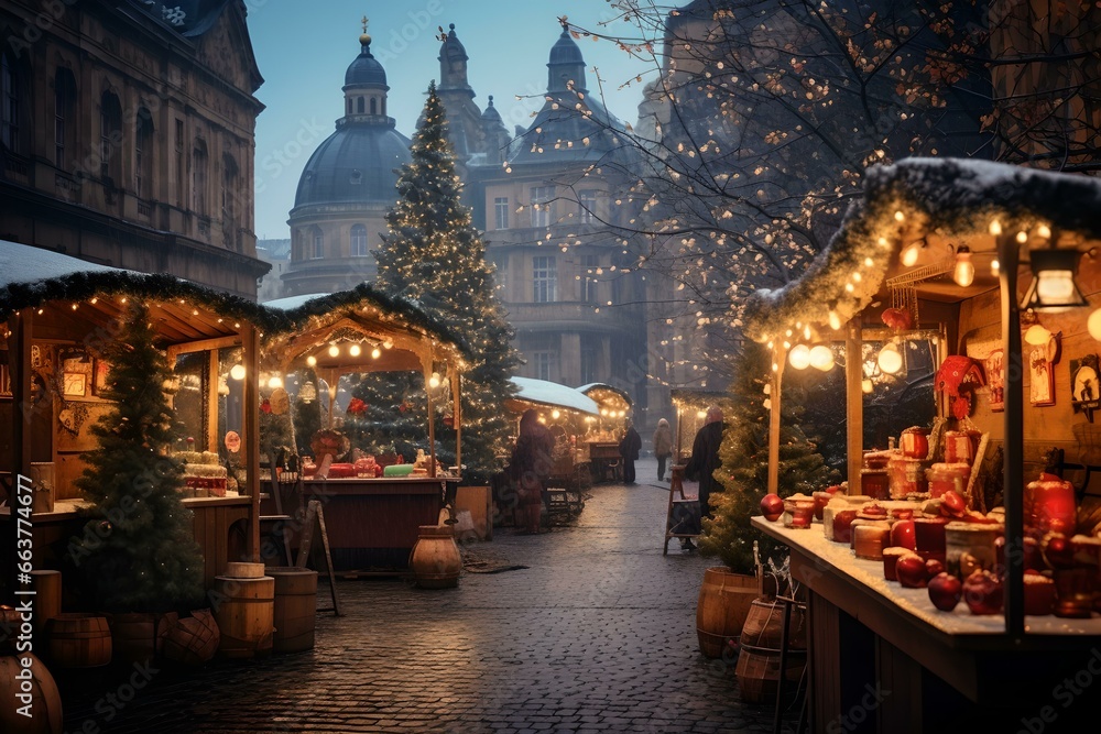 Gemütlicher deutscher Weihnachtsmarkt auf einem festlich dekorierten Marktplatz - obrazy, fototapety, plakaty 