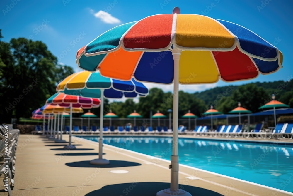 caps of outdoor pool umbrellas in bright, vivid colors