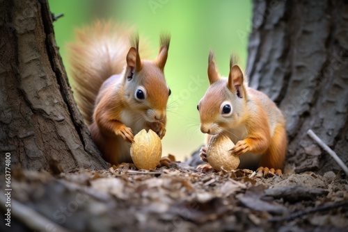 two squirrels sharing a nut under a tree
