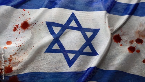 Israel's blood-stained flag waving in the wind, with ripples in the fabric
