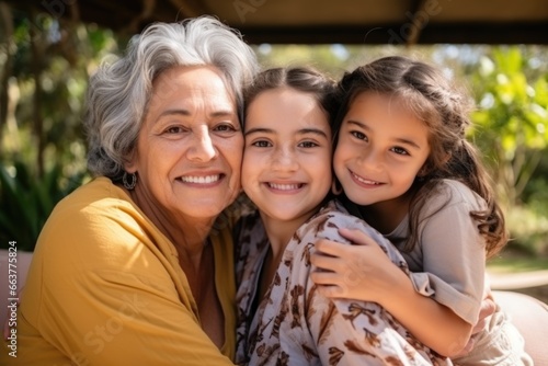 An elderly woman is sitting in an embrace with her granddaughters.