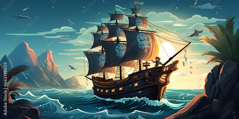 Fototapeta premium Pirates ship in the ocean illustration background