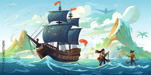 Pirates ship in the ocean illustration background